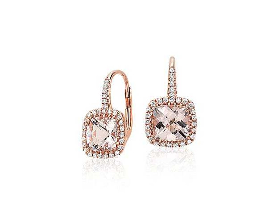 Earrings | Blue Nile Morganite And Diamond Cushion Drop Earrings In 14K Rose Gold (7X7Mm)