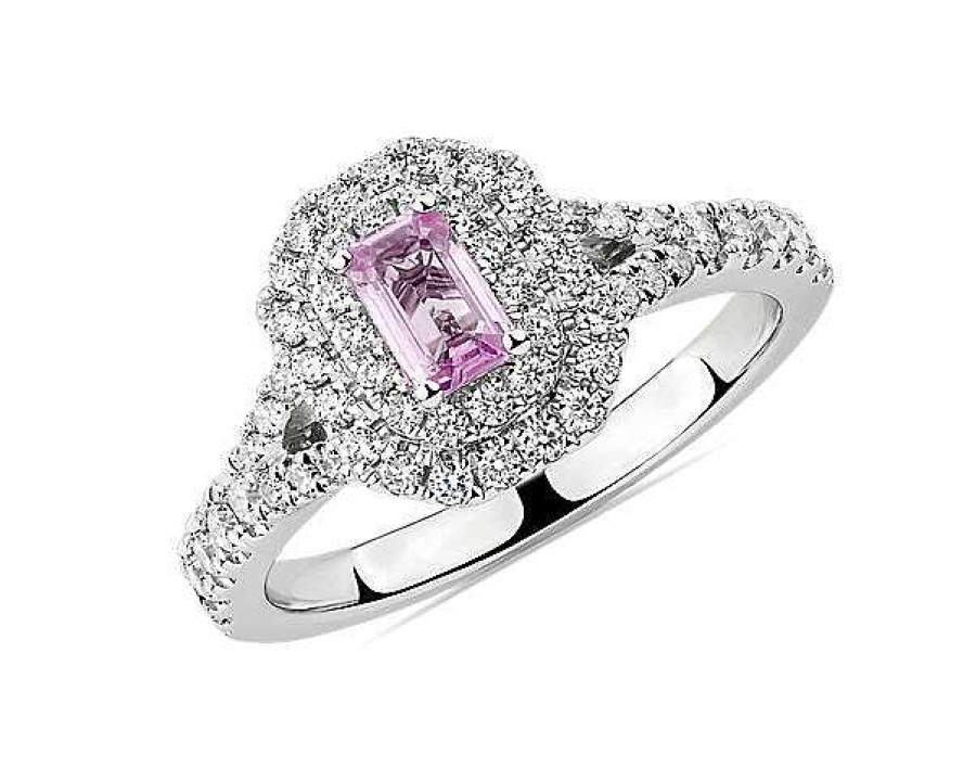 Rings | Blue Nile Emerald Cut Pink Sapphire Double Halo Ring In 14K White Gold (5X3Mm)