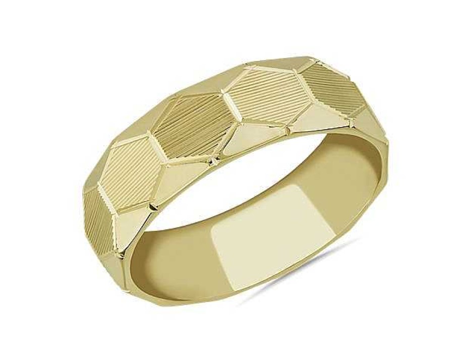 Men'S Rings | Blue Nile Raised Hexagon Lined Wedding Ring In 18K Yellow Gold (7Mm)