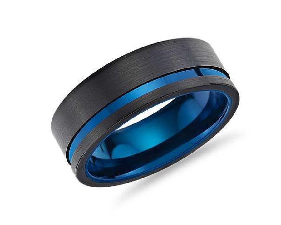 Men'S Rings | Blue Nile Asymmetrical Black & Blue Engraved Wedding Ring In Tungsten (8Mm)