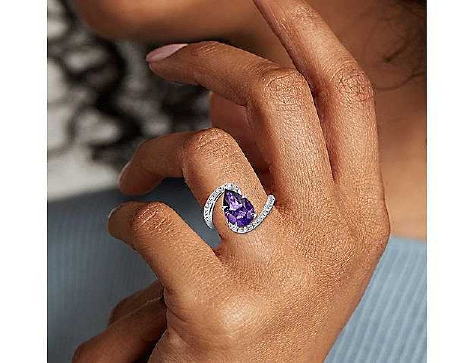 Rings | Blue Nile Pear Shaped Amethyst And Diamond Twist Band In 14K White Gold (12X8Mm)