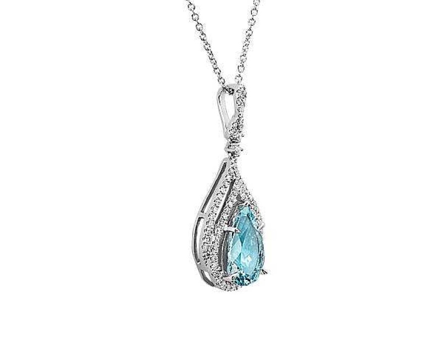 Necklaces | Blue Nile Pear Shaped Aquamarine And Double Diamond Halo Pendant In 14K White Gold