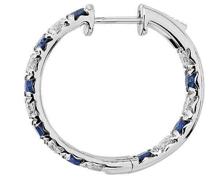 Earrings | Blue Nile Alternating Sapphire And Diamond French Pav Hoop Earrings In 14K White Gold