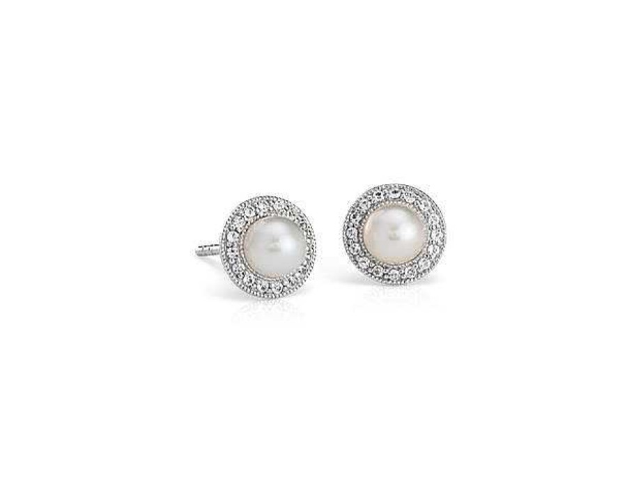 Earrings | Blue Nile Vintage-Inspired Freshwater Cultured Pearl And White Topaz Halo Earrings In Sterling Silver (5Mm)