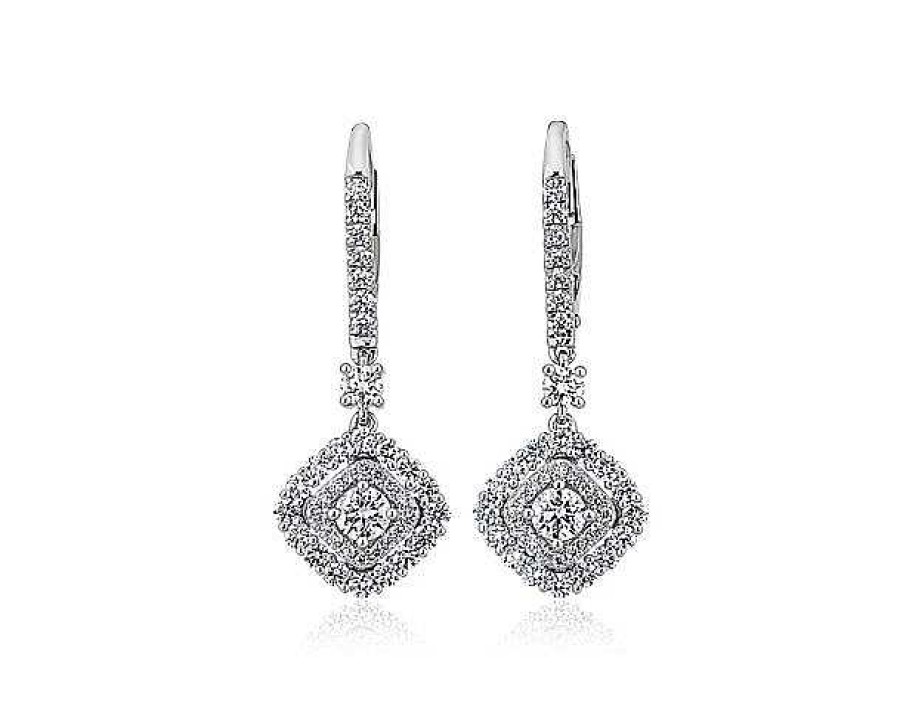 Earrings | Blue Nile East West Cushion Halo Drop Earrings In 14K White Gold (1 Ct. Tw.)