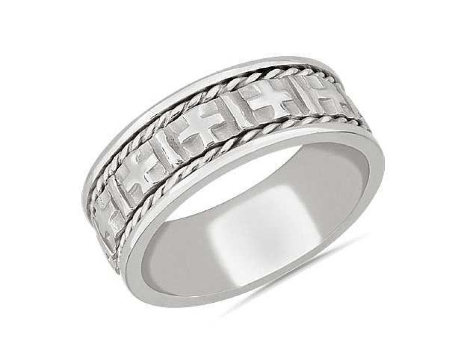 Men'S Rings | Blue Nile Braided Edge Cross Wedding Ring In 14K White Gold (8Mm)