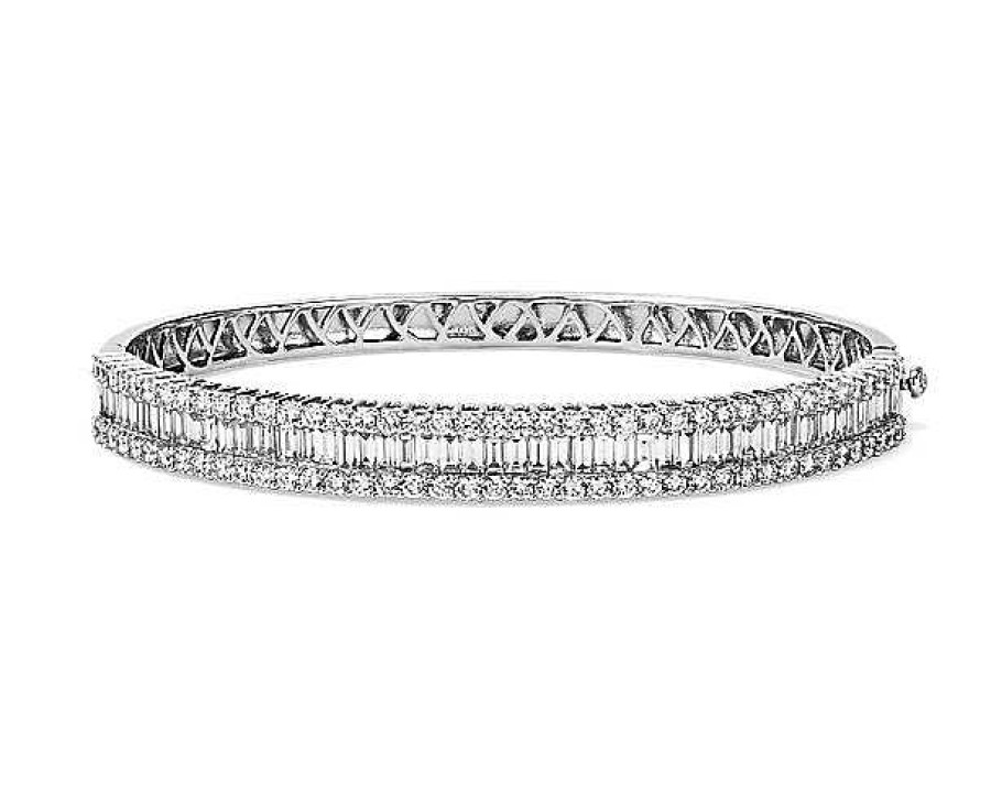 Bracelets | Blue Nile Round And Baguette Diamond Bangle In 14K White Gold (4 1/2 Ct. Tw.)