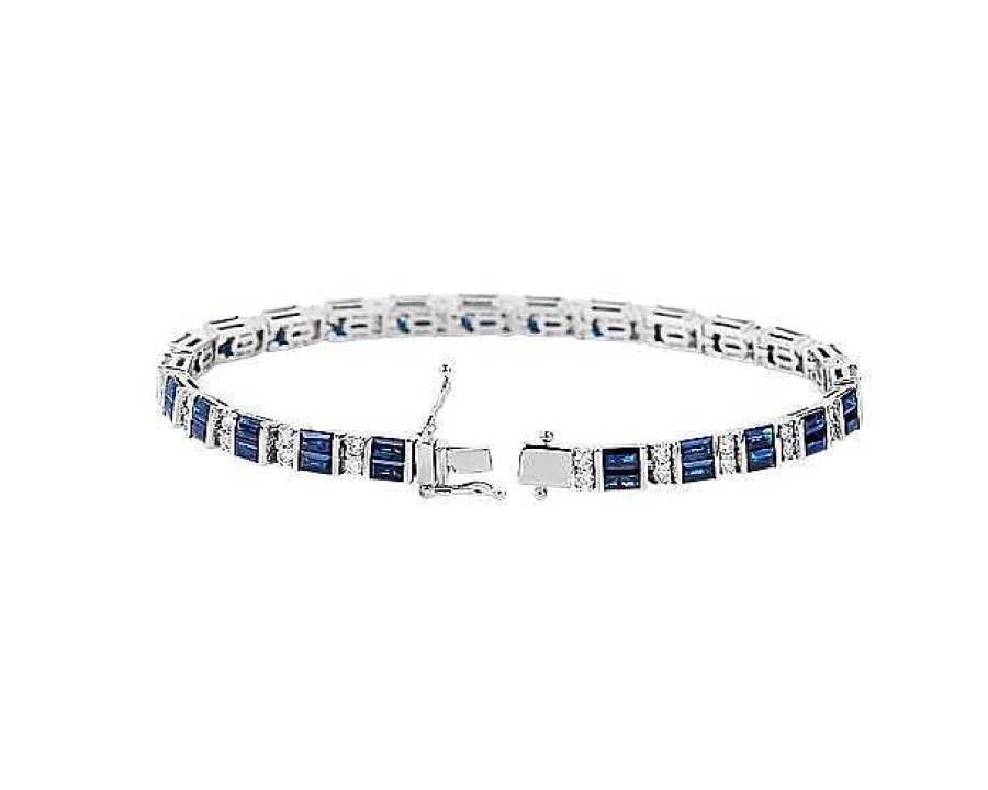 Bracelets | Blue Nile Alternating Baguette Blue Sapphire And Round Diamond Bracelet In 14K White Gold