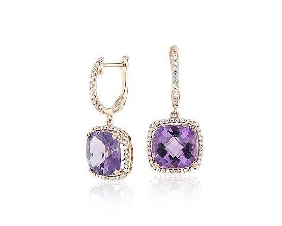 Earrings | Blue Nile Cushion Cut Amethyst And Diamond Halo Drop Earrings In 14K Rose Gold (9Mm)