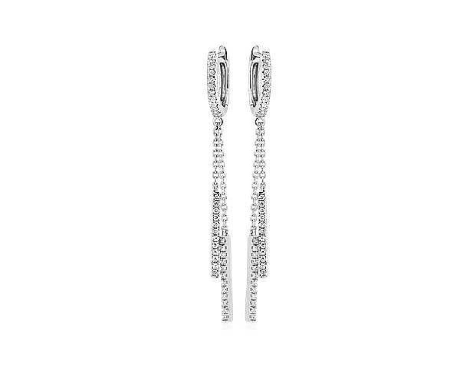 Earrings | Blue Nile Diamond Hoops W/ Double Diamond Drop Earrings In 14K White Gold (1/6 Ct. Tw.)