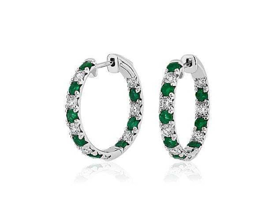 Earrings | Blue Nile Alternating Emerald And Diamond French Pav Hoop Earrings In 14K White Gold