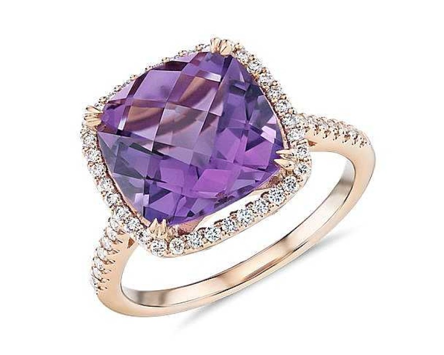 Rings | Blue Nile Cushion-Cut Amethyst Diamond Halo Cocktail Ring In 14K Rose Gold (10.5Mm)