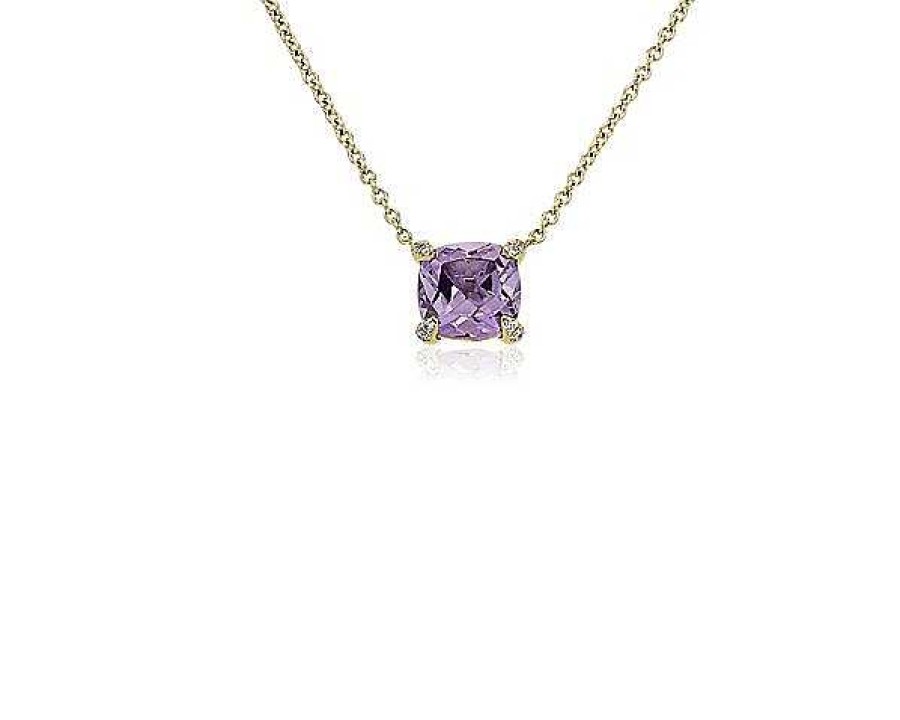 Necklaces | Blue Nile Cushion Cut Rose De France And Diamond Accent Pendant In 14K Yellow Gold (7Mm)