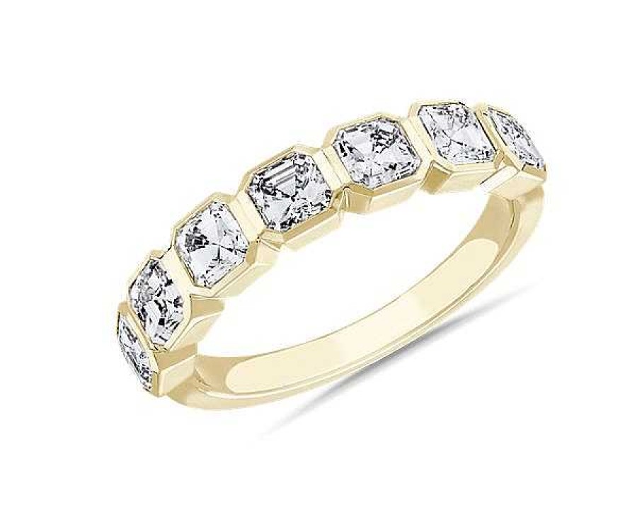 Women'S Rings | Blue Nile 7 Stone Asscher Bezel Diamond Anniversary Ring In 14K Yellow Gold (1 3/4 Ct. Tw.)