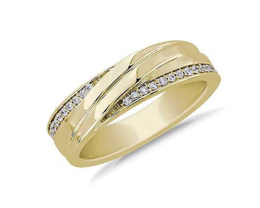 Men'S Rings | Blue Nile Diagonal Lined With Pav Diamond Edge Men'S Wedding Ring In 14K Yellow Gold (1/8 Ct. Tw.)