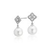 Earrings | Blue Nile Petite Floral Fresh Water Cultured Pearl And Diamond Earrings In 14K White Gold