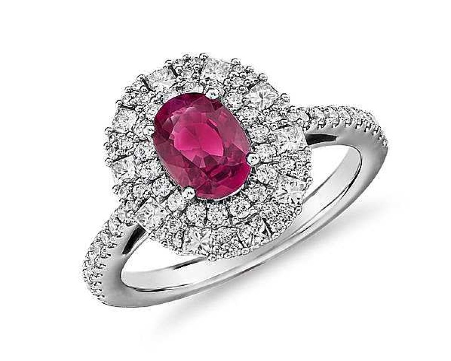 Rings | Blue Nile Oval Ruby Ring With Double Diamond Halo In 14K White Gold (7X5Mm)