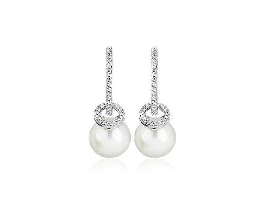 Earrings | Blue Nile White Freshwater Pearl And Diamond Drop Earrings In 14K White Gold (8.5-9 Mm)