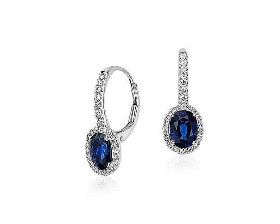 Earrings | Blue Nile Sapphire And Micropav Diamond Halo Drop Earrings In 14K White Gold (7X5Mm)