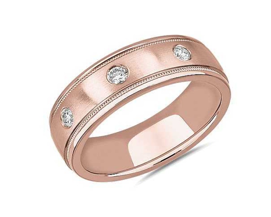 Men'S Rings | Blue Nile Milgrain Burnished Set Diamond Wedding Ring In 14K Rose Gold (5 Mm, 1/5 Ct. Tw.)