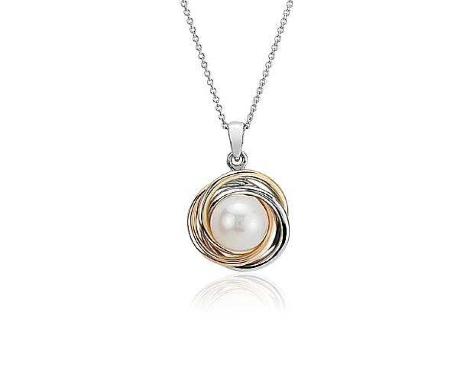 Necklaces | Blue Nile Tri-Color Love Knot Pendant With Freshwater Cultured Pearl In 14K White, Yellow And Rose Gold (7-8Mm)