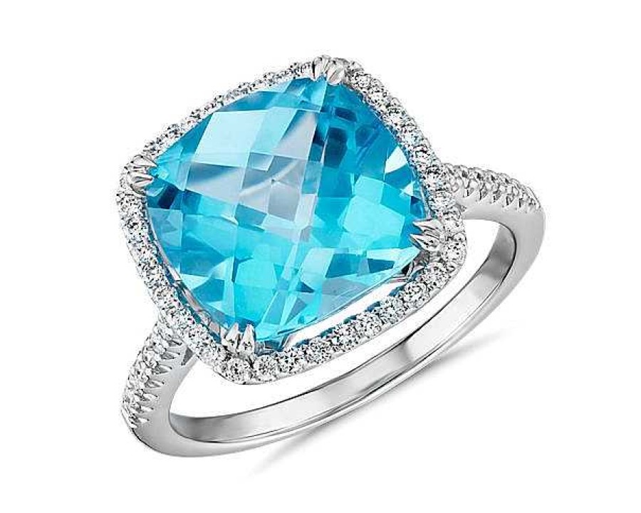 Rings | Blue Nile Cushion-Cut Swiss Blue Topaz Diamond Halo Cocktail Ring In 14K White Gold (10.5Mm)