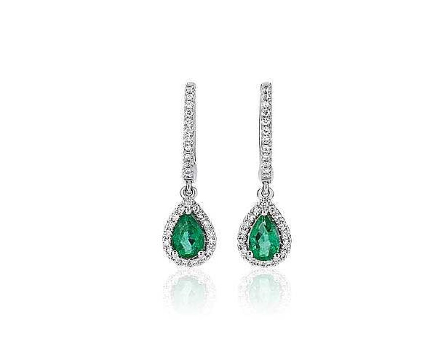 Earrings | Blue Nile Pear Shaped Emerald And Diamond Halo Drop Earrings In 14K White Gold (6X4Mm)