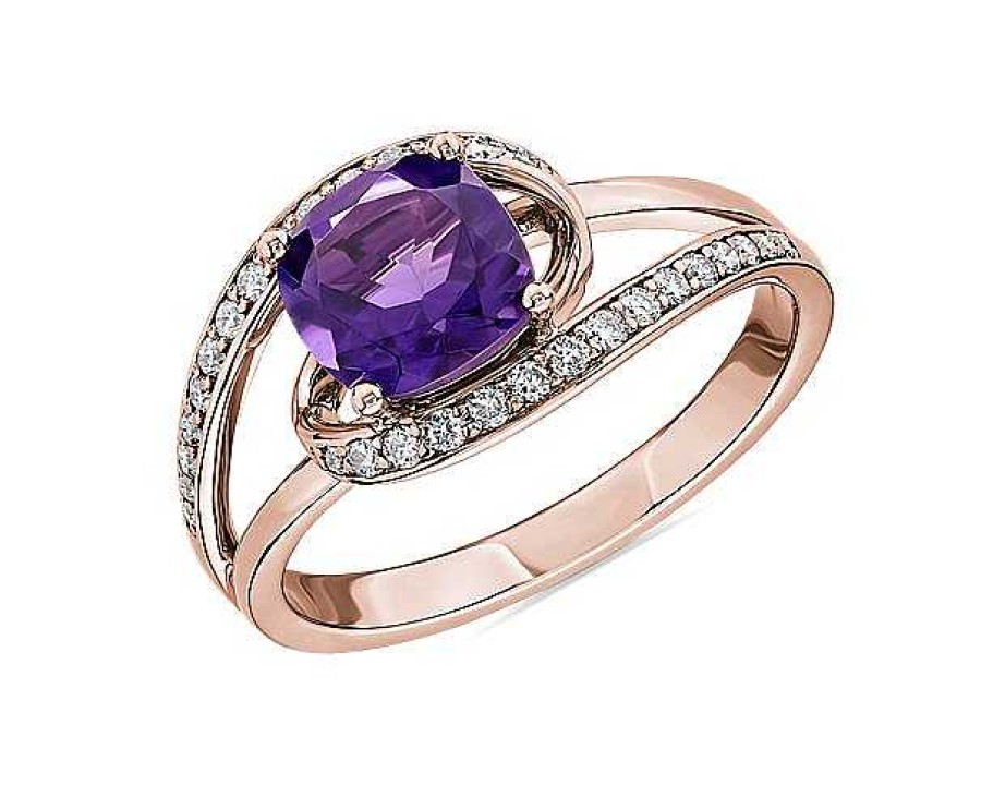 Rings | Blue Nile Cushion Cut Amethyst Ring With Twisting Halo In 14K Rose Gold