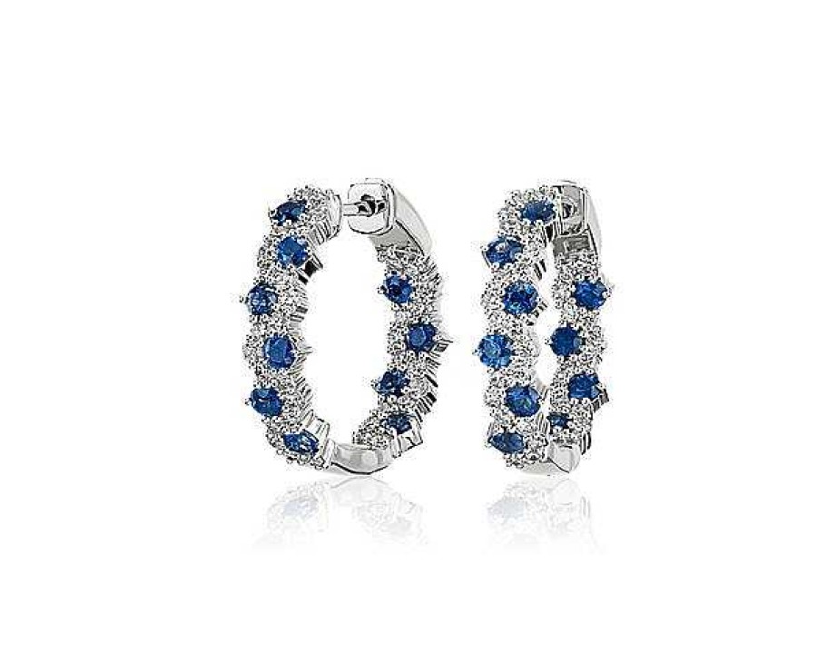 Earrings | Blue Nile Staggered Sapphire And Diamond Hoop Earrings In 14K White Gold