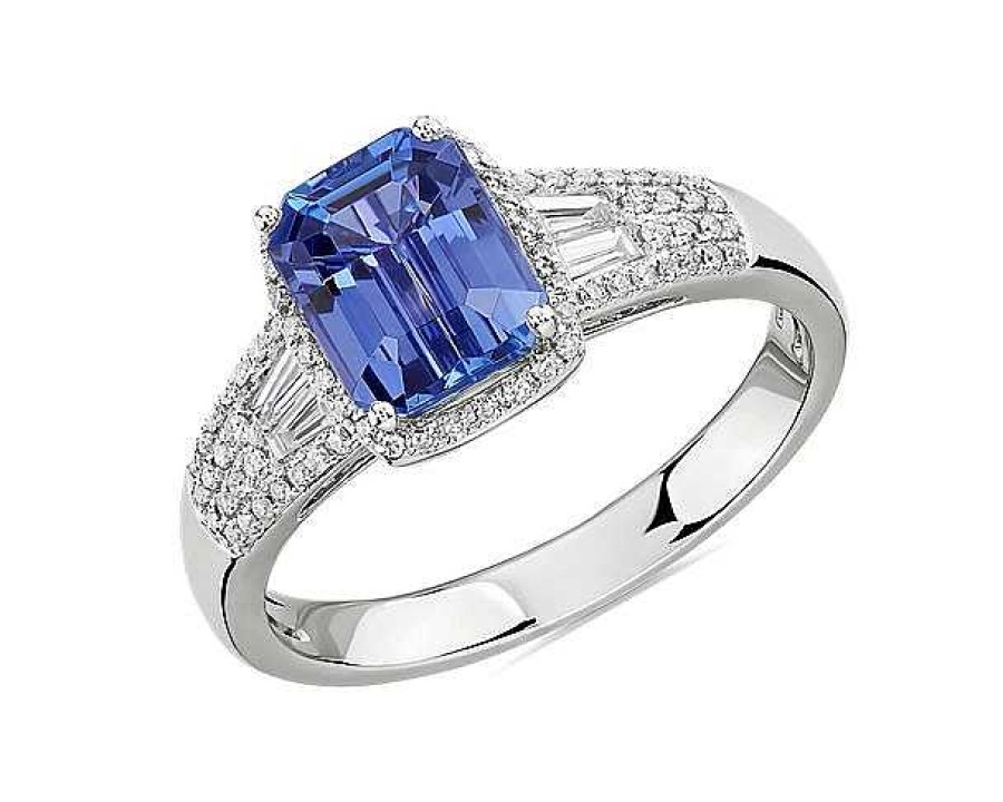 Rings | Blue Nile Emerald Cut Tanzanite Ring With Diamond Baguette Sidestones In 14K White Gold