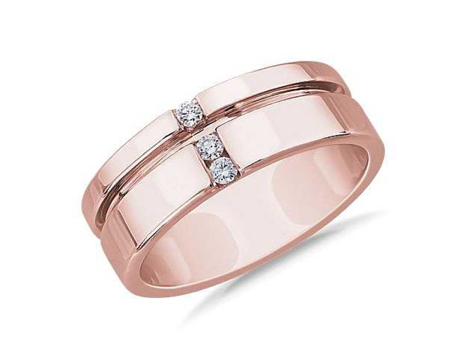 Men'S Rings | Blue Nile Men'S Grooved Diamond Line Band In 14K Rose Gold (7.6 Mm, .1 Ct. Tw.)