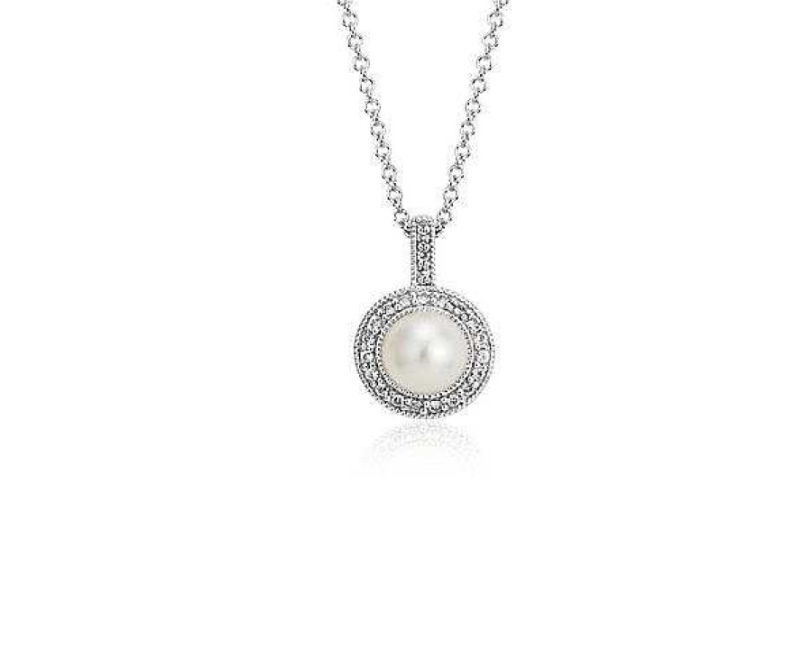 Necklaces | Blue Nile Vintage-Inspired Freshwater Cultured Pearl And White Topaz Halo Pendant In Sterling Silver (6Mm)