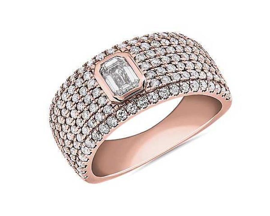 Rings | Blue Nile Emerald Cut Bezel Set Diamond Pav Ring In 14K Rose Gold (1 1/2 Ct. Tw.)