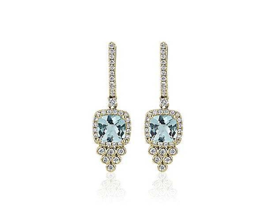 Earrings | Blue Nile Cushion Cut Aquamarine And Diamond Drop Earrings In 14K Yellow Gold