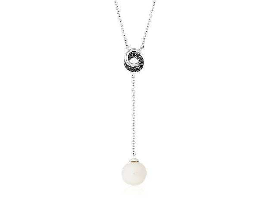 Necklaces | Blue Nile Freshwater Cultured Pearl Drop Pendant With Black Diamond Love Knot In 14K White Gold (7.5-8Mm)