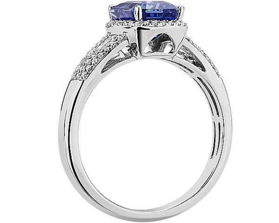 Rings | Blue Nile Emerald Cut Tanzanite Ring With Diamond Baguette Sidestones In 14K White Gold