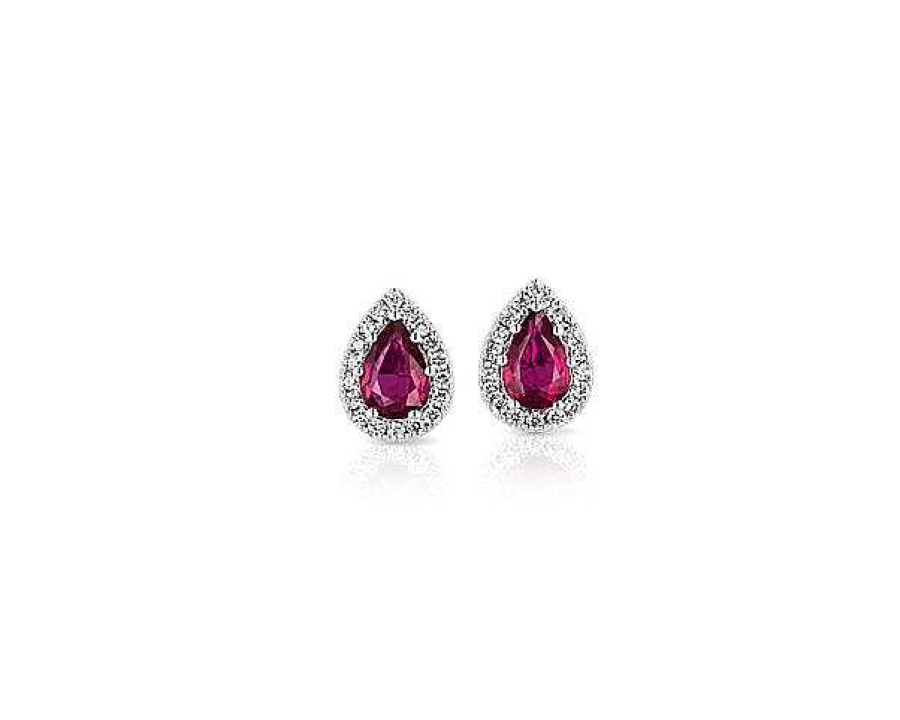 Earrings | Blue Nile Pear-Shaped Ruby Stud Earrings With Diamond Halo In 14K White Gold (5X4Mm)