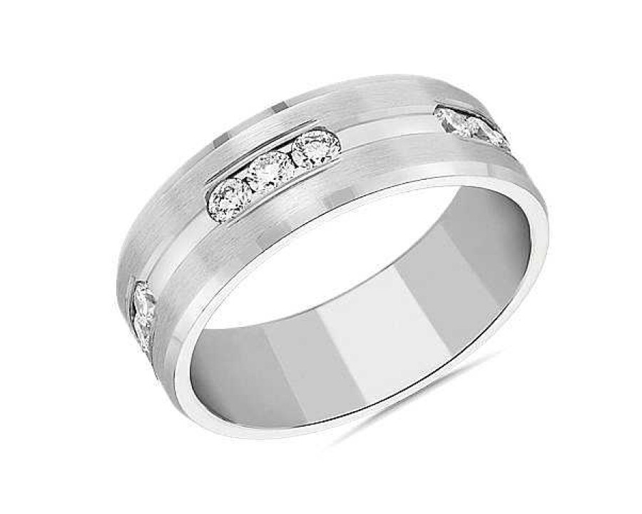 Men'S Rings | Blue Nile Trio Stationed Channel-Set Diamond Wedding Ring In 14K White Gold (8 Mm, 1 1/6 Ct. Tw.)