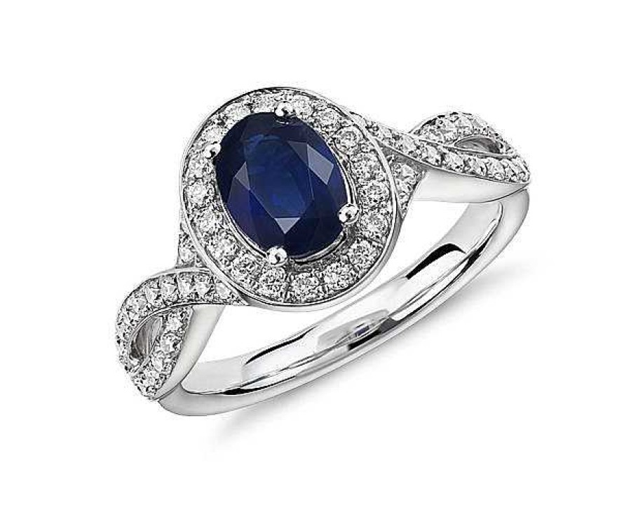 Rings | Blue Nile Sapphire And Diamond Halo Twist Ring In 14K White Gold (7X5Mm)