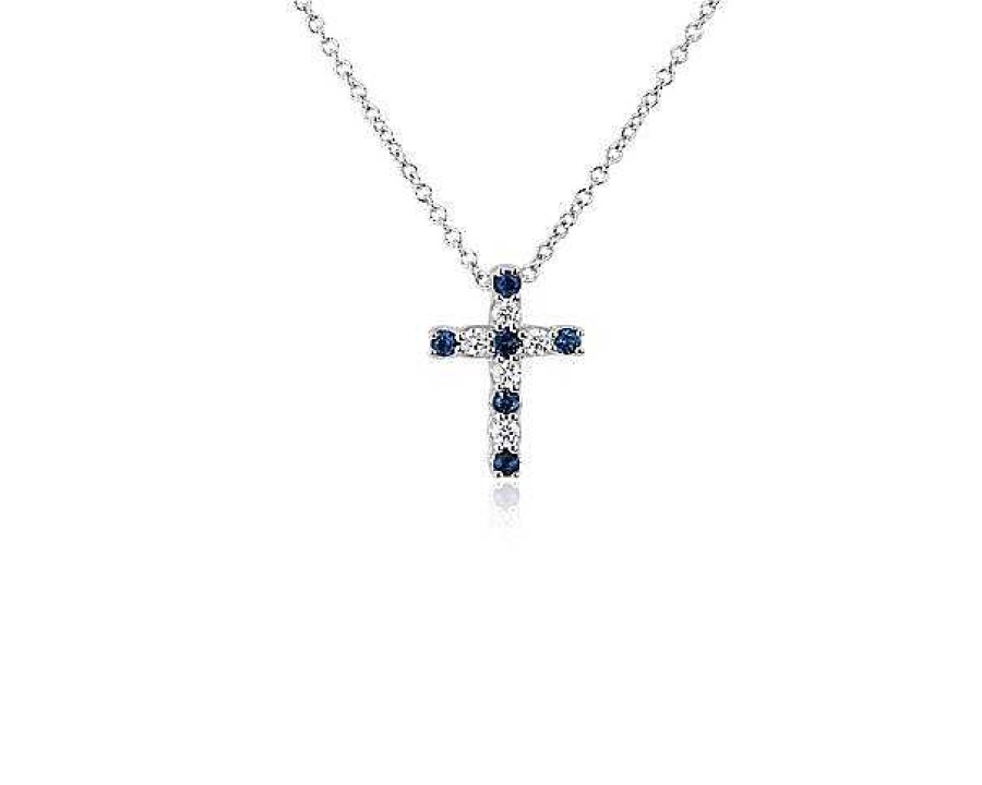 Necklaces | Blue Nile Sapphire And Diamond Tessere Cross Pendant In 14K White Gold (1.7Mm)