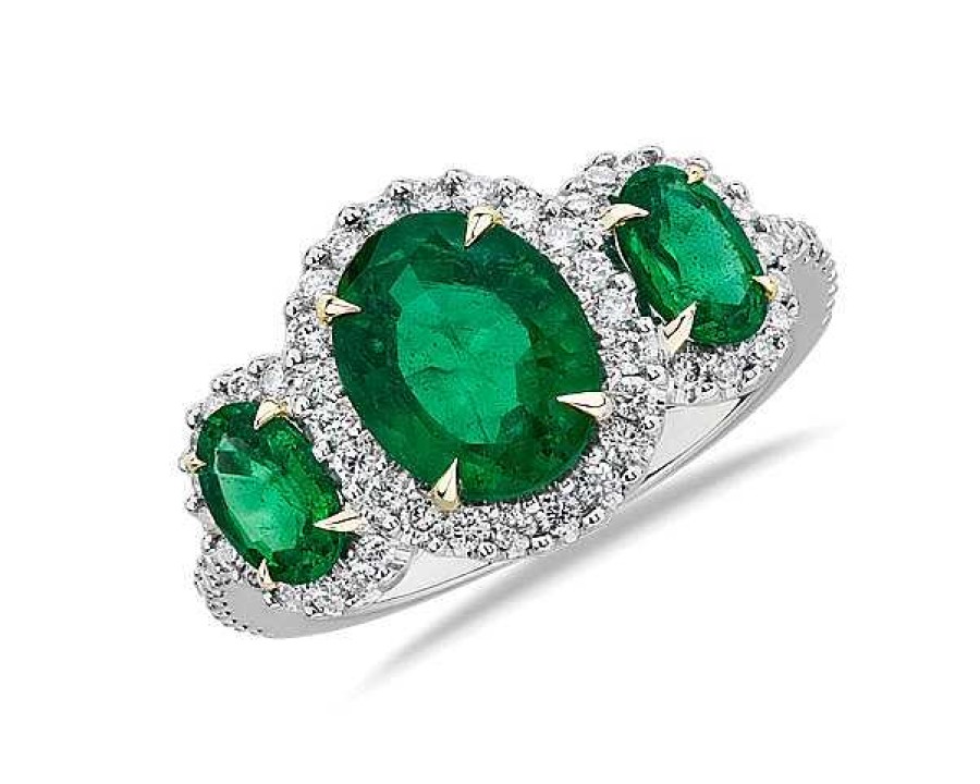 Rings | Blue Nile Extraordinary Collection: Emerald And Diamond Three-Stone Ring In 18K White And Yellow Gold