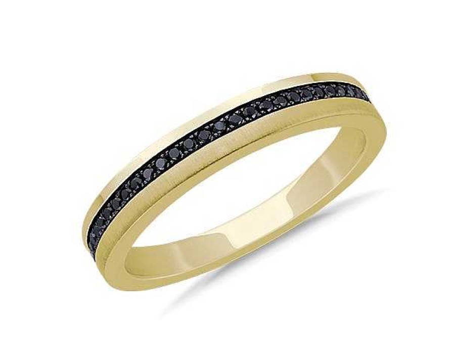 Men'S Rings | Blue Nile Men'S Black Diamond Pav Edge Wedding Ring With Black Rhodium In 14K Yellow Gold (1/6 Ct. Tw.)