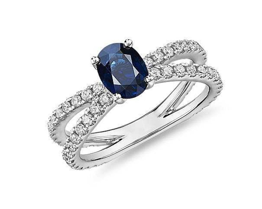 Rings | Blue Nile Oval Sapphire Ring With Pav Split Shank In 14K White Gold (7X5Mm)