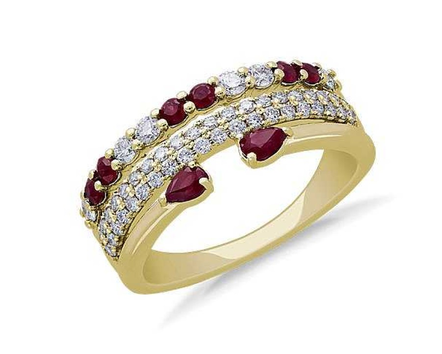 Rings | Blue Nile 3-Row Stacked Ruby Open Pear And Pav Diamond Ring In 14K Yellow Gold (3/8 Ct. Tw.)