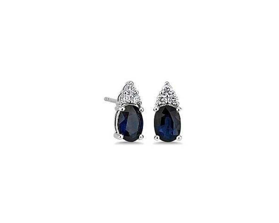 Earrings | Blue Nile Oval Sapphire And Diamond Cluster Stud Earrings In 14K White Gold