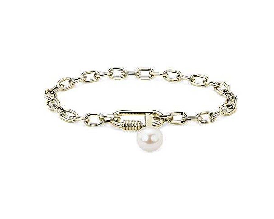 Bracelets | Blue Nile 14K Italian Yellow Gold Link Bracelet With Carabiner Lock And Freshwater Pearl Charm