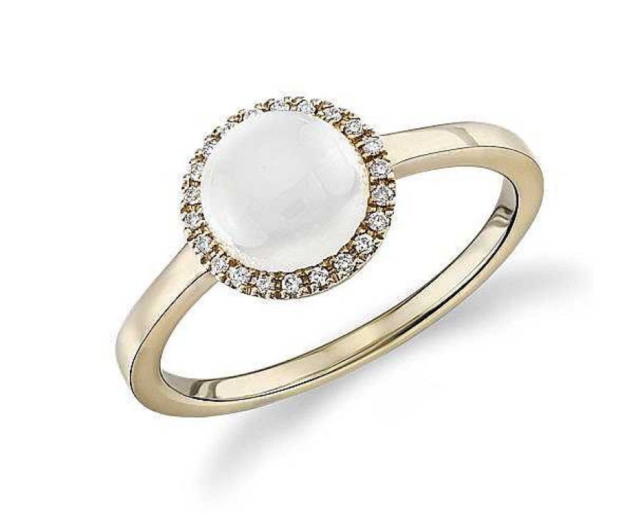 Rings | Blue Nile Petite Round White Moonstone Cabochon Ring With Diamond Halo In 14K Yellow Gold (7Mm)