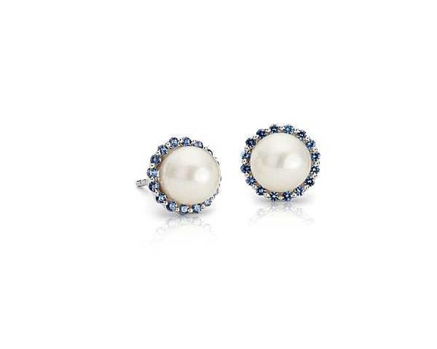 Earrings | Blue Nile Sapphire And Freshwater Cultured Pearl Halo Stud Earrings In 14K White Gold (7Mm)