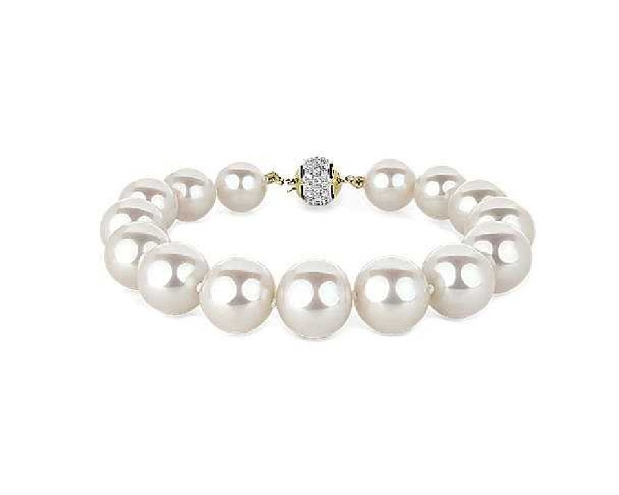 Bracelets | Blue Nile White Freshwater Pearl Bracelet With Diamond Clasp In 18K Yellow Gold