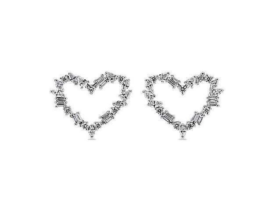 Earrings | Blue Nile Alternating Shape Diamond Heart Earrings In 14K White Gold (1 1/4 Ct. Tw.)